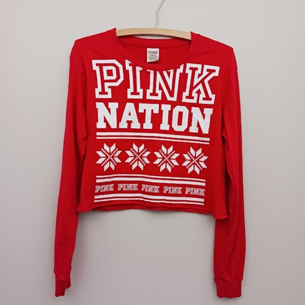 Victoria Secret Pink Nation Snowflake Long Sleeve Crop T shirt Red Size Small